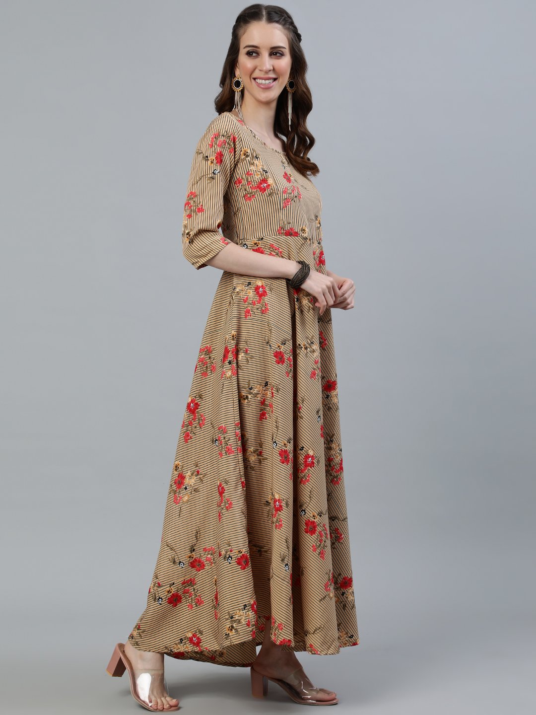 Women's Beige Printed Maxi Dress With Three Quarter Sleeves