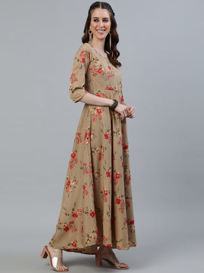 Women's Beige Printed Maxi Dress With Three Quarter Sleeves