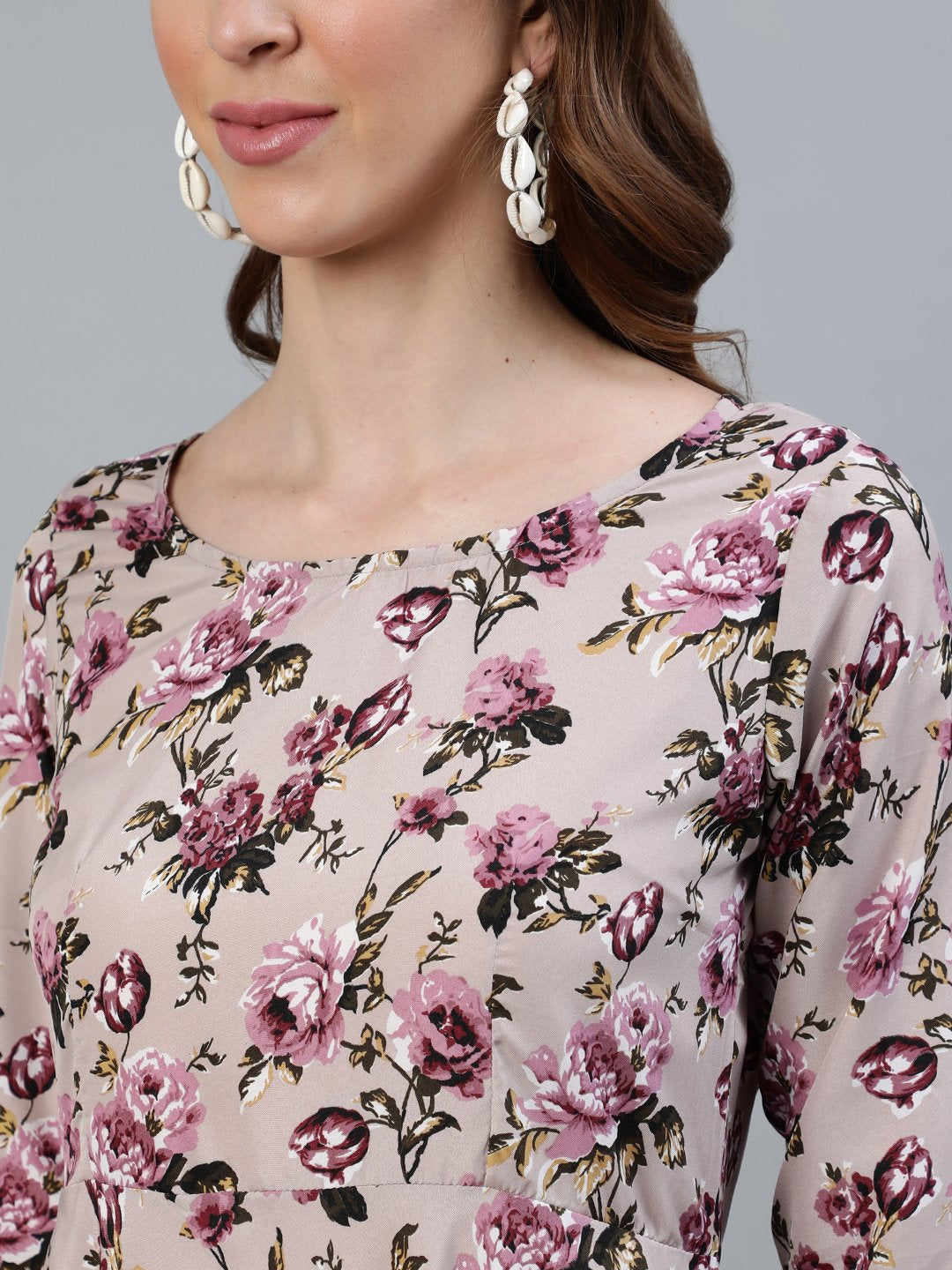 Women's Purple Floral Printed Maxi Dress With Three Quarter Sleeves
