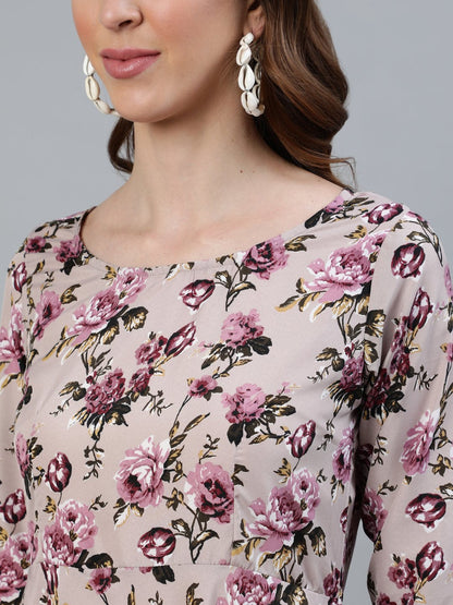 Women's Purple Floral Printed Maxi Dress With Three Quarter Sleeves