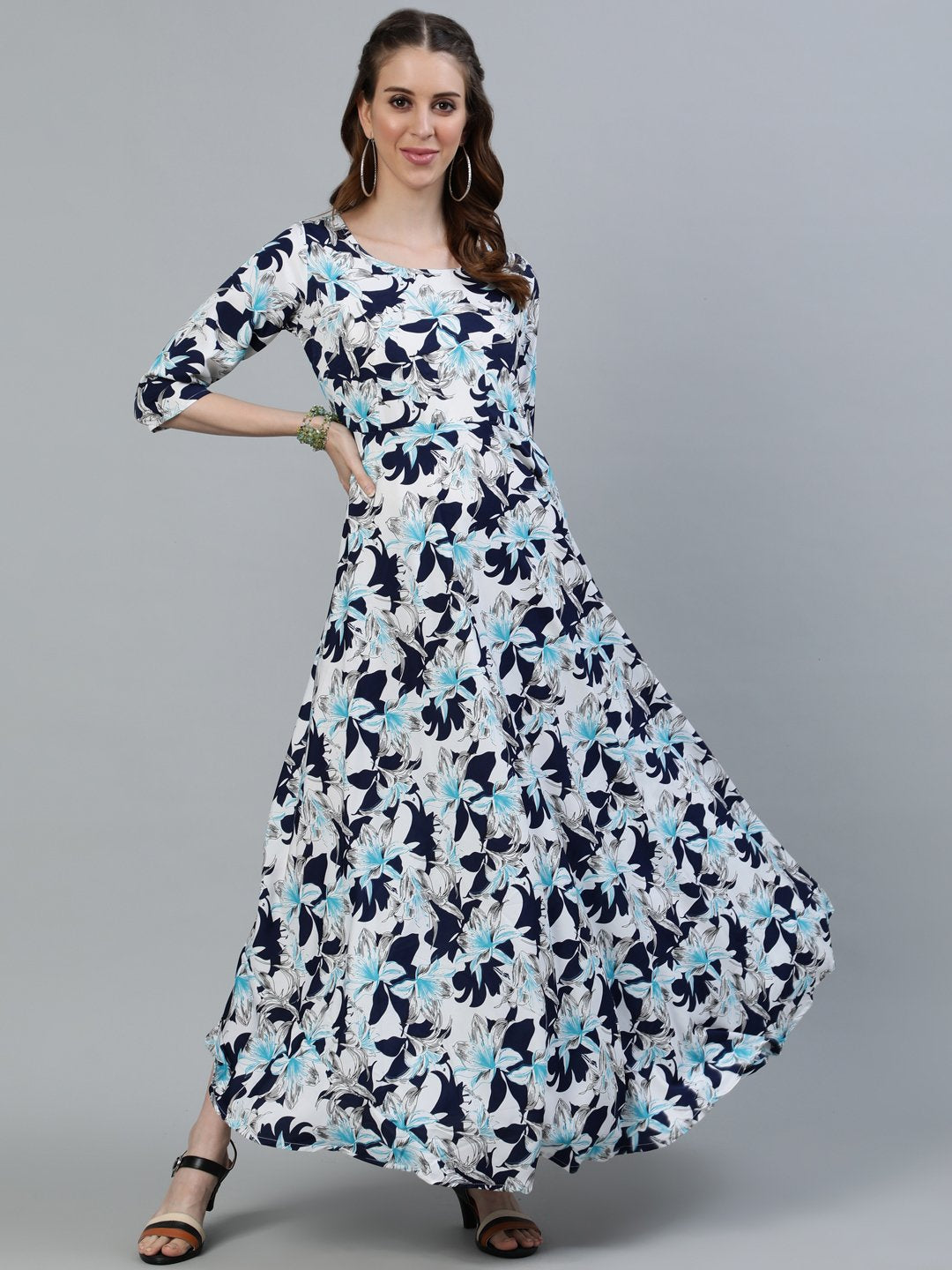 Women's Blue Floral Printed Maxi Dress With Three Quarter Sleeves