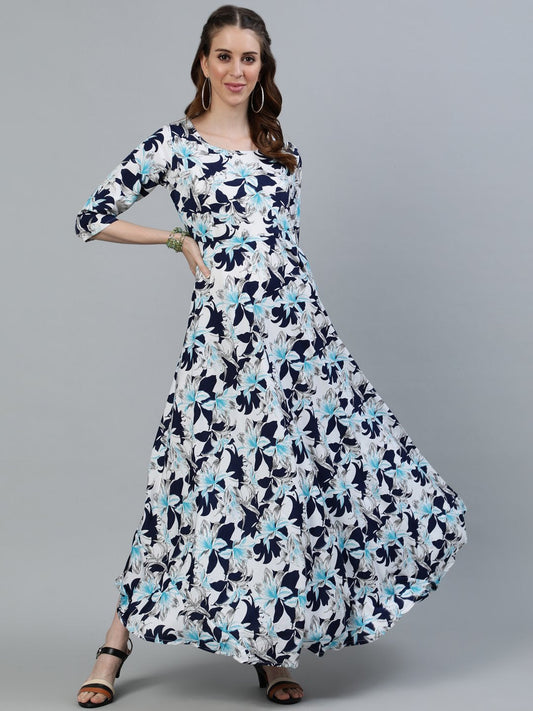 Women's Blue Floral Printed Maxi Dress With Three Quarter Sleeves