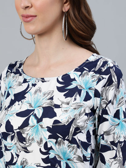 Women's Blue Floral Printed Maxi Dress With Three Quarter Sleeves