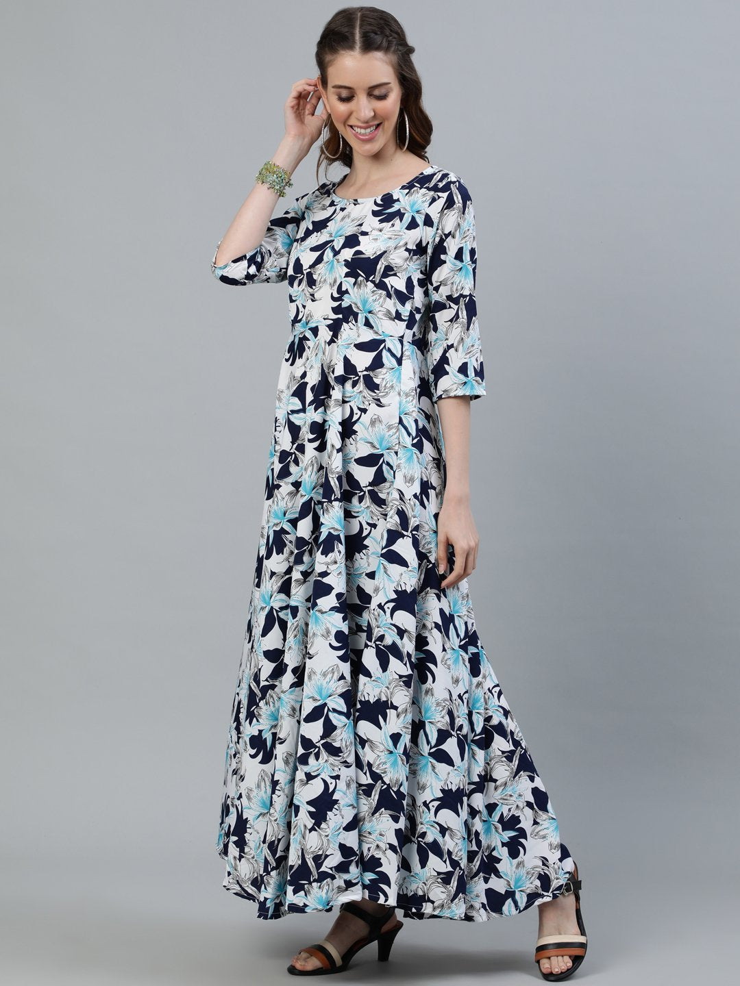 Women's Blue Floral Printed Maxi Dress With Three Quarter Sleeves