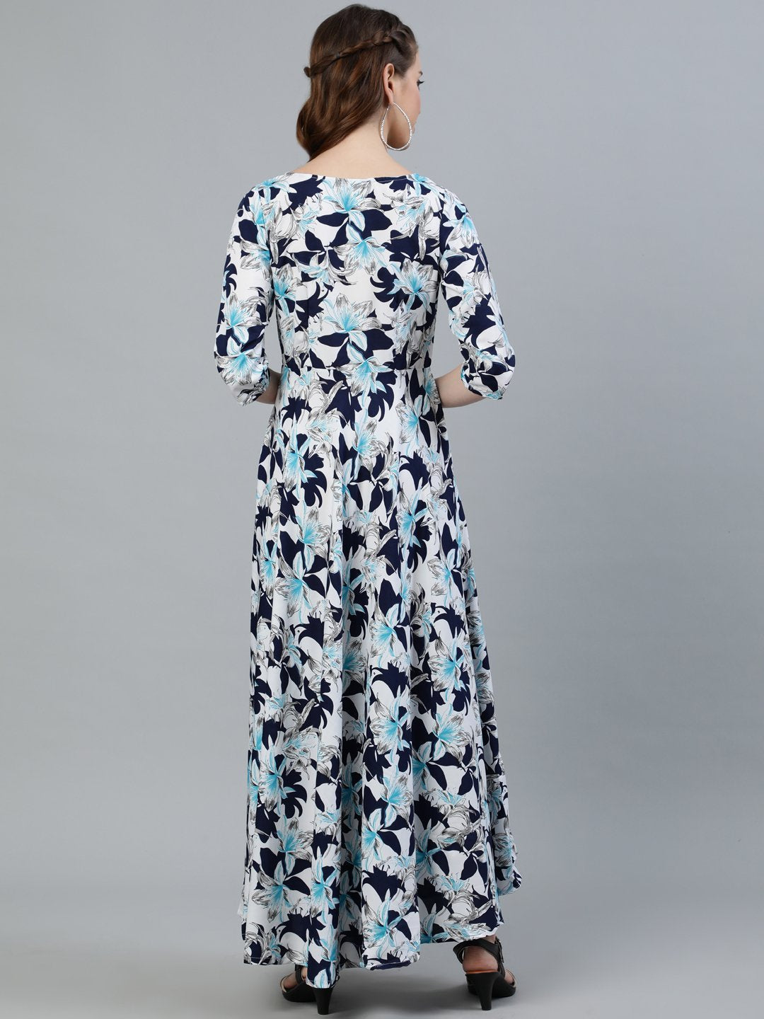 Women's Blue Floral Printed Maxi Dress With Three Quarter Sleeves