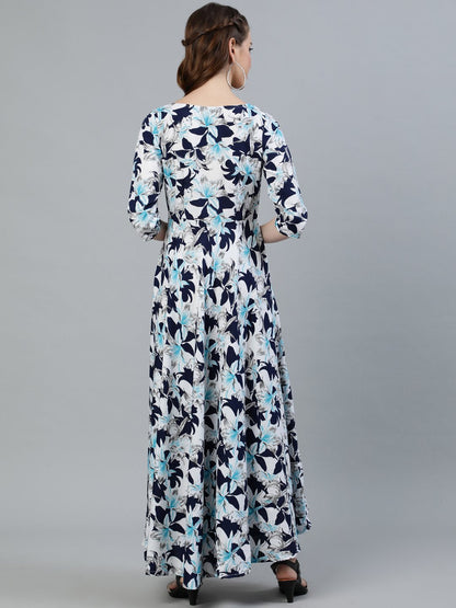 Women's Blue Floral Printed Maxi Dress With Three Quarter Sleeves