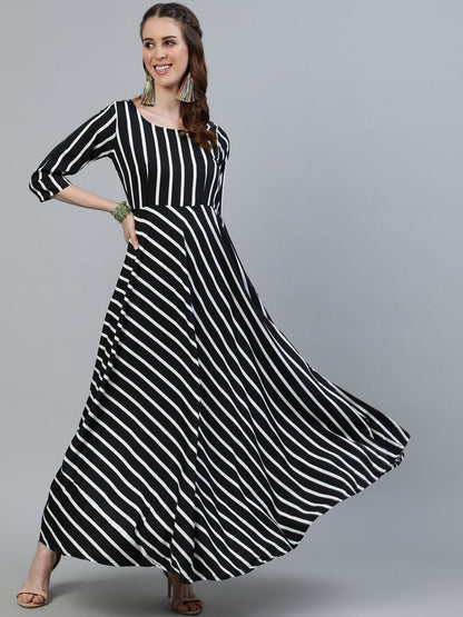 Women's Black Striped Maxi Dress With Three Quarter Sleeves