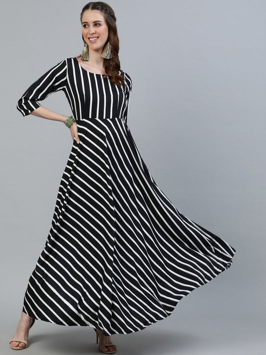 Women's Black Striped Maxi Dress With Three Quarter Sleeves