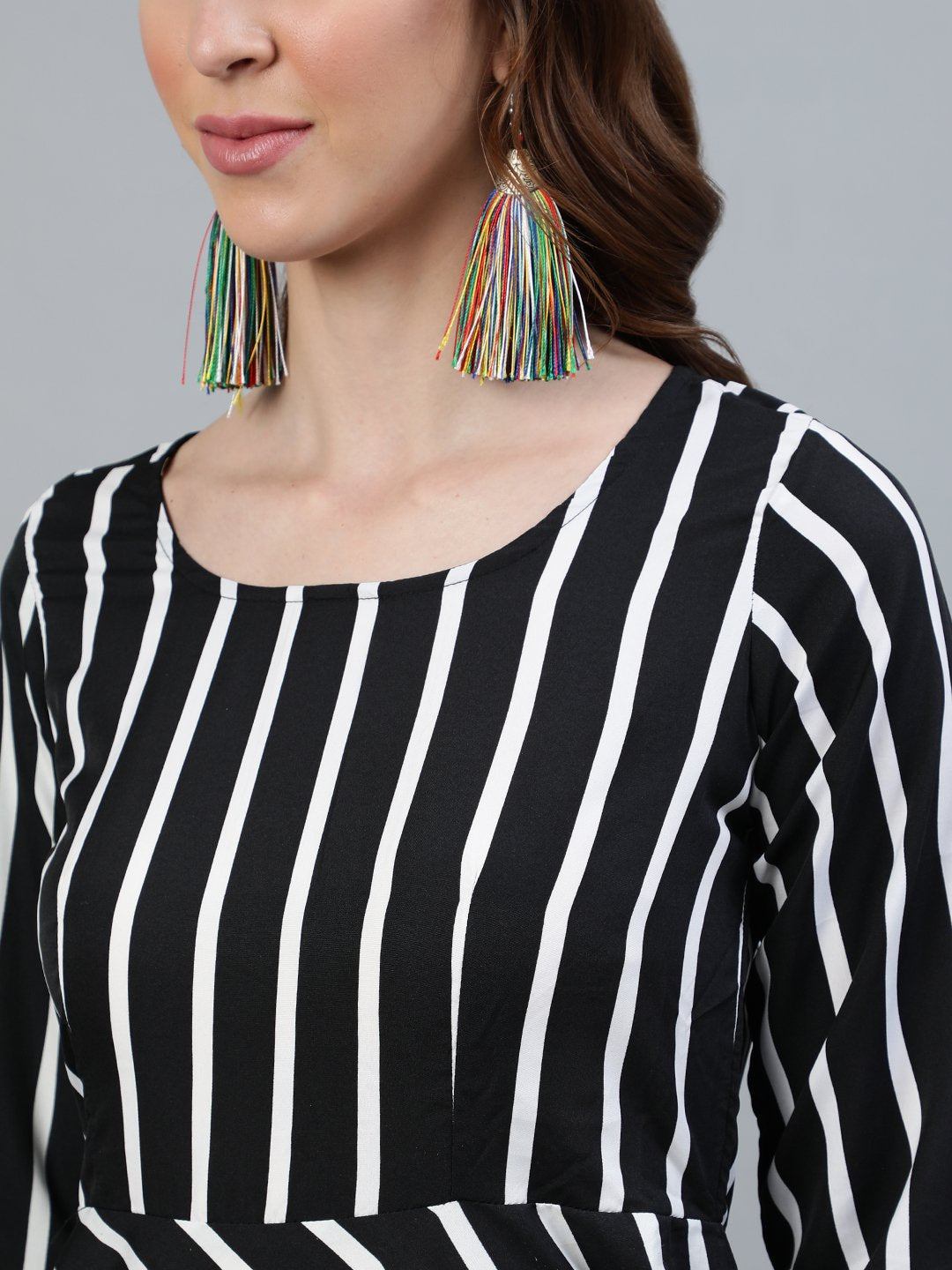 Women's Black Striped Maxi Dress With Three Quarter Sleeves