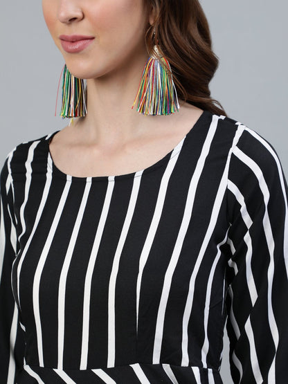 Women's Black Striped Maxi Dress With Three Quarter Sleeves