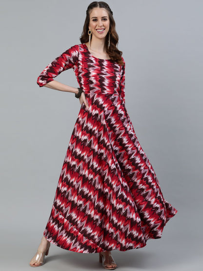 Women's Pink Printed Maxi Dress With Three Quarter Sleeves