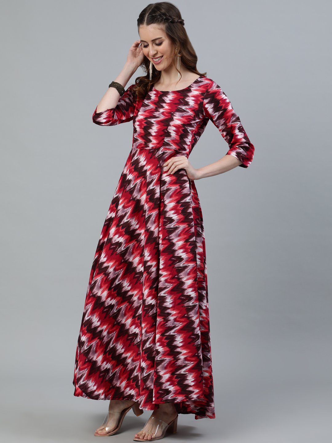 Women's Pink Printed Maxi Dress With Three Quarter Sleeves