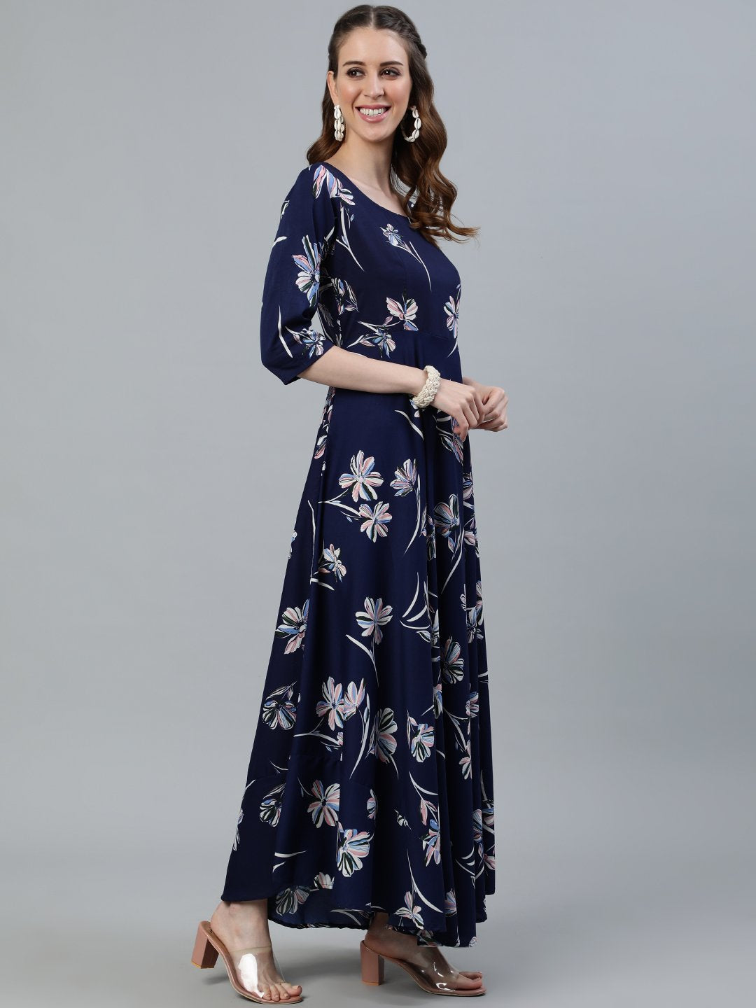 Women's Navy Blue Floral Printed Maxi Dress With Three Quarter Sleeves