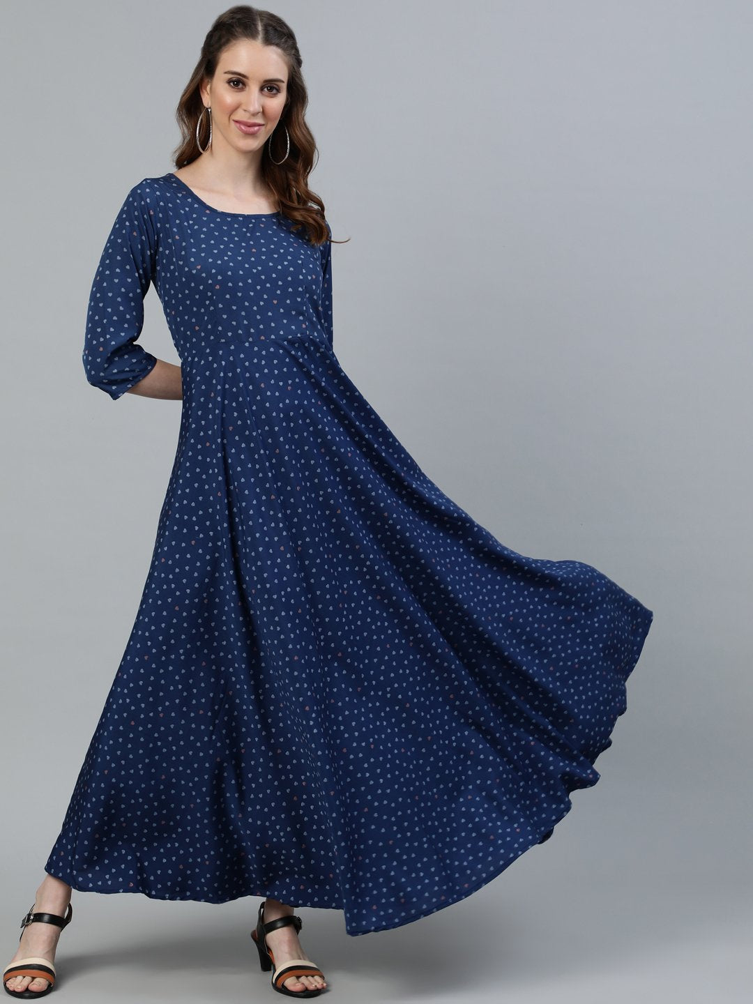 Women's Blue Floral Printed Maxi Dress With Three Quarter Sleeves