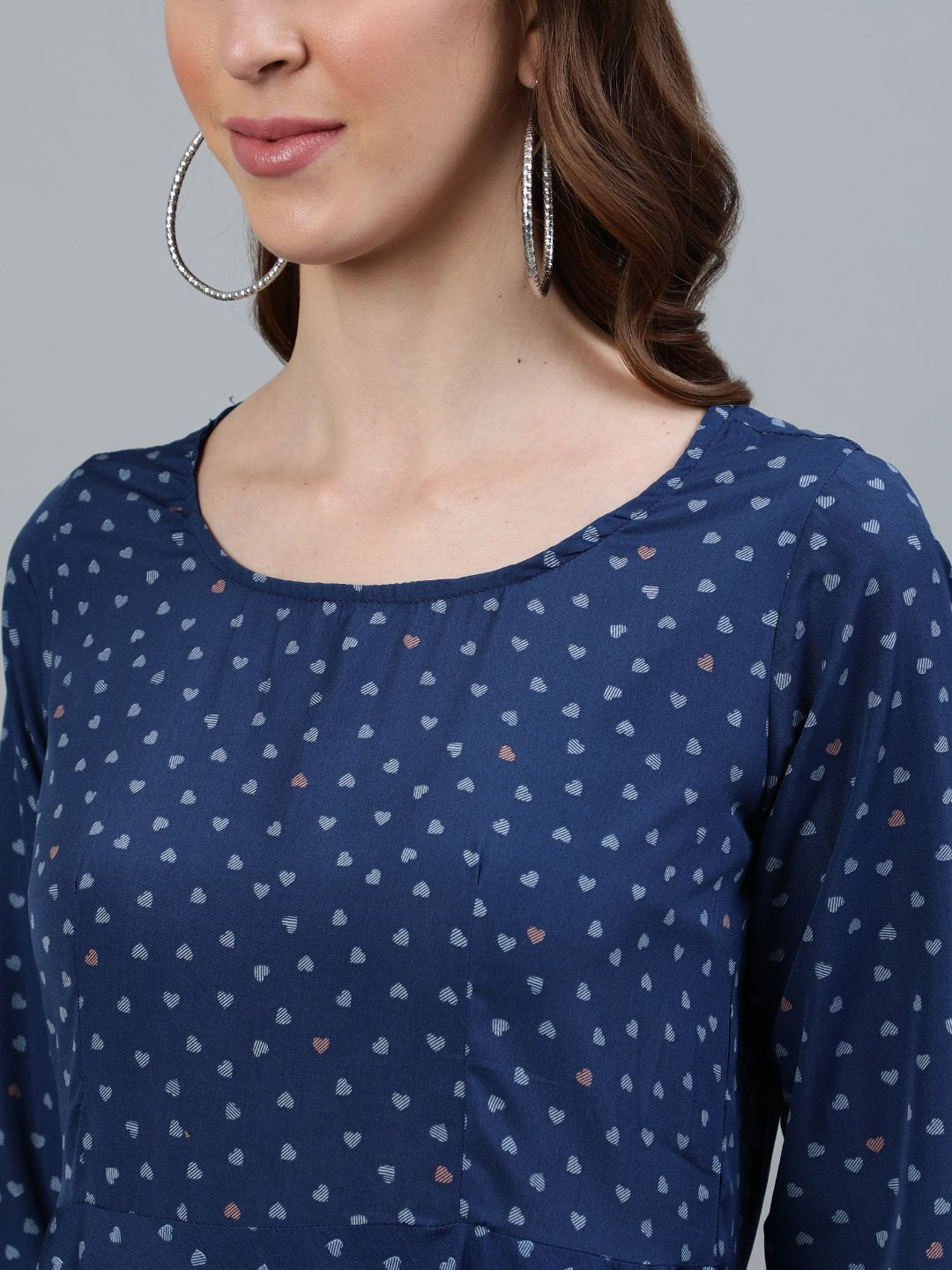 Women's Blue Floral Printed Maxi Dress With Three Quarter Sleeves