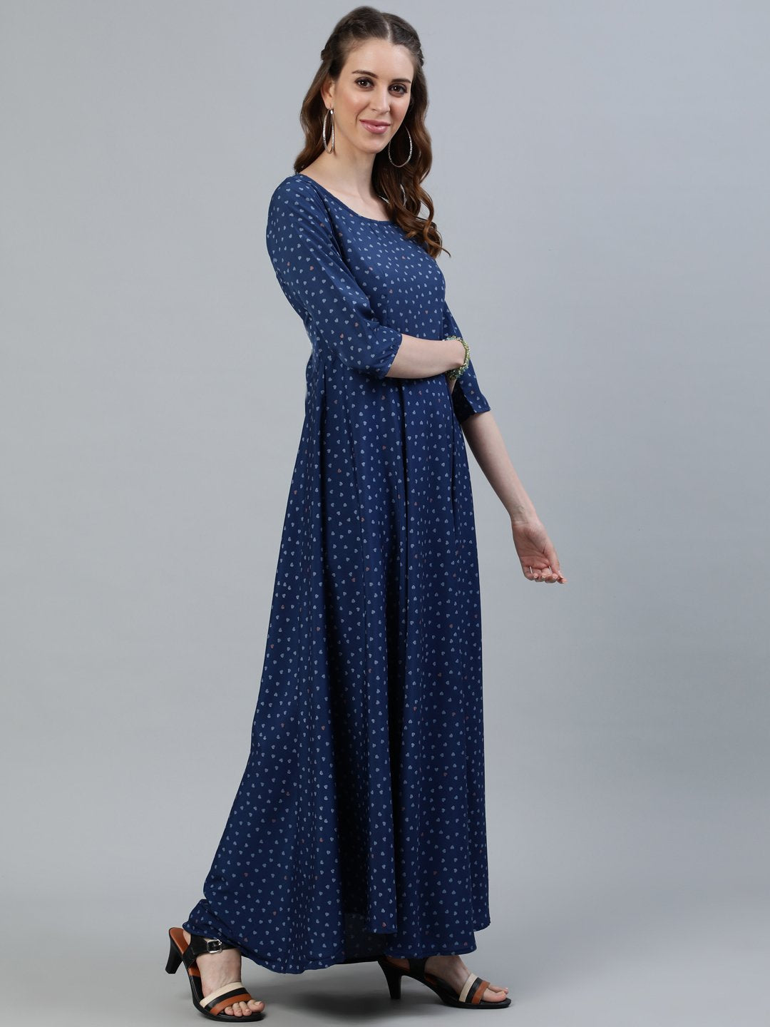 Women's Blue Floral Printed Maxi Dress With Three Quarter Sleeves