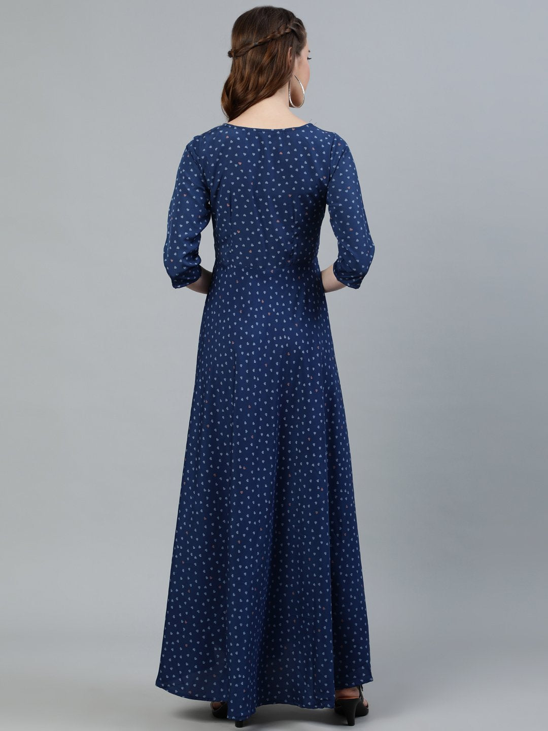 Women's Blue Floral Printed Maxi Dress With Three Quarter Sleeves