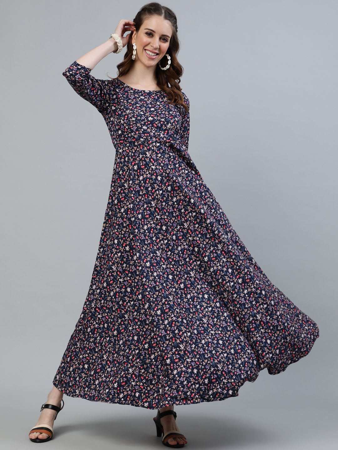 Women's Blue Floral Printed Maxi Dress With Three Quarter Sleeves