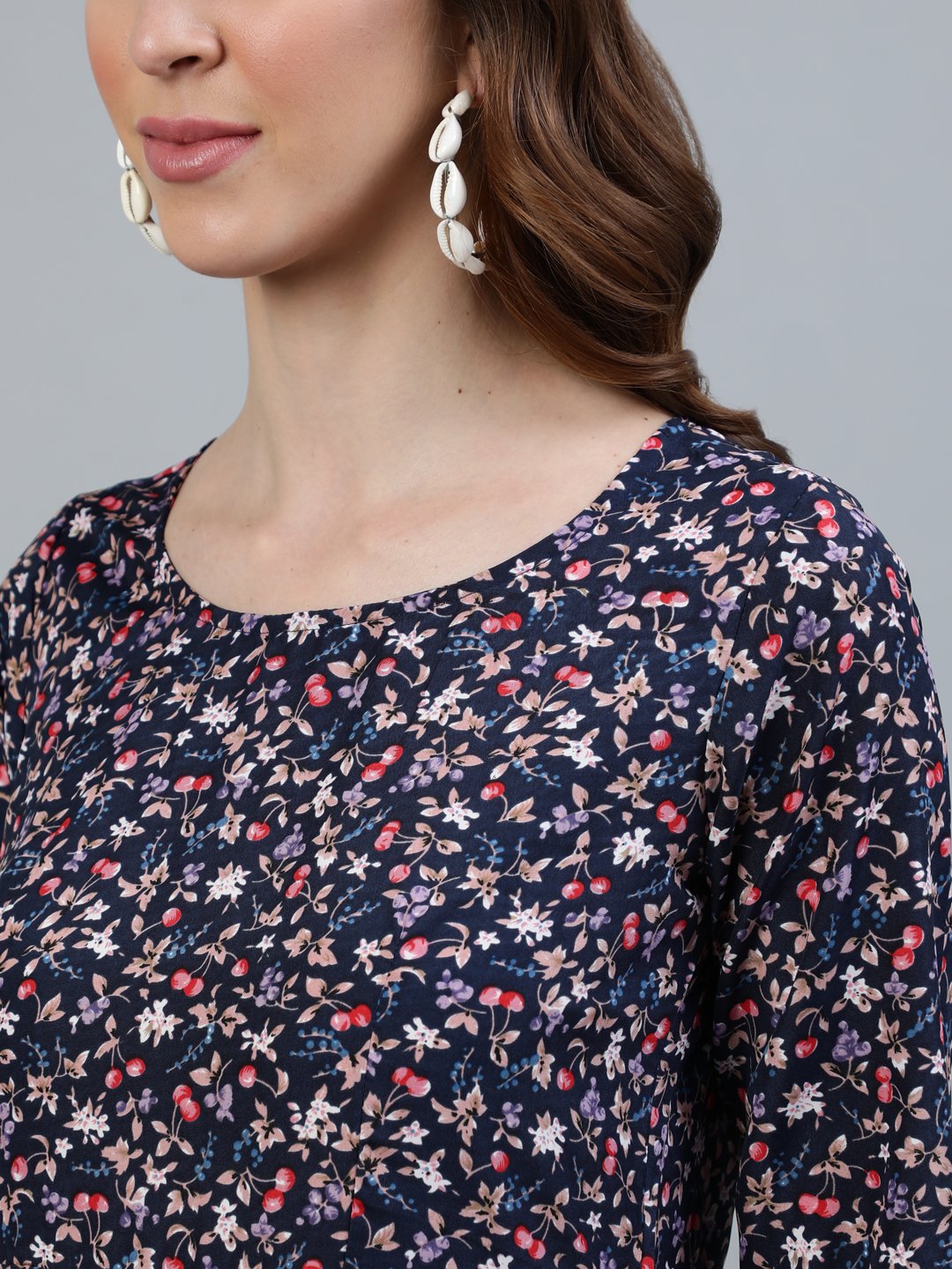 Women's Blue Floral Printed Maxi Dress With Three Quarter Sleeves