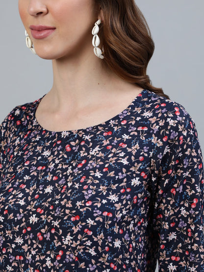 Women's Blue Floral Printed Maxi Dress With Three Quarter Sleeves