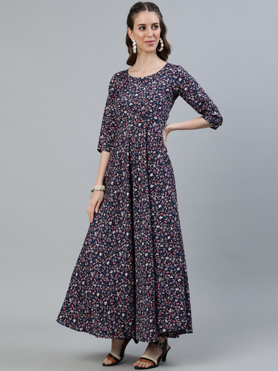Women's Blue Floral Printed Maxi Dress With Three Quarter Sleeves