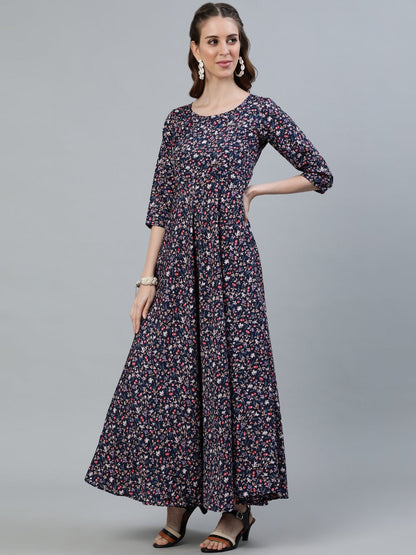 Women's Blue Floral Printed Maxi Dress With Three Quarter Sleeves