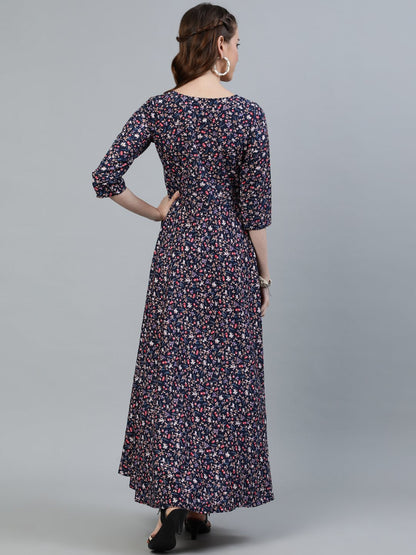 Women's Blue Floral Printed Maxi Dress With Three Quarter Sleeves