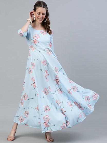 Women's Pastel Blue Floral Printed Maxi Dress With Three Quarter Sleeves