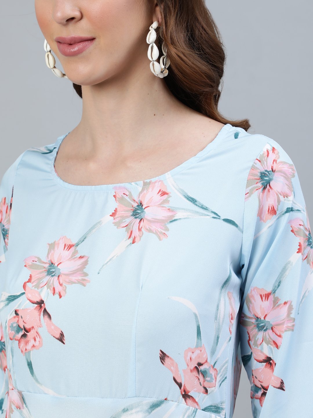 Women's Pastel Blue Floral Printed Maxi Dress With Three Quarter Sleeves