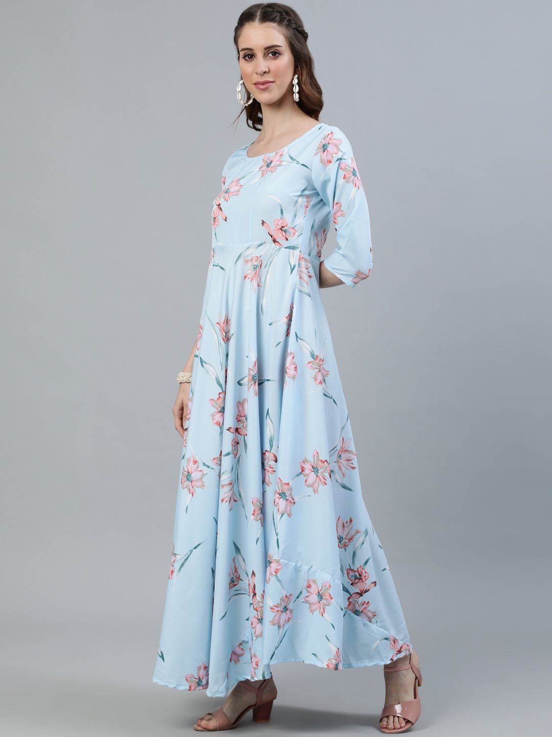 Women's Pastel Blue Floral Printed Maxi Dress With Three Quarter Sleeves