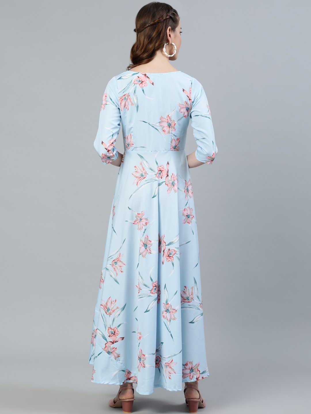 Women's Pastel Blue Floral Printed Maxi Dress With Three Quarter Sleeves