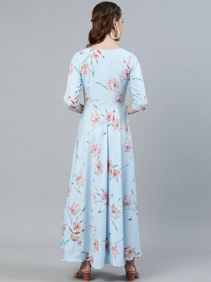 Women's Pastel Blue Floral Printed Maxi Dress With Three Quarter Sleeves