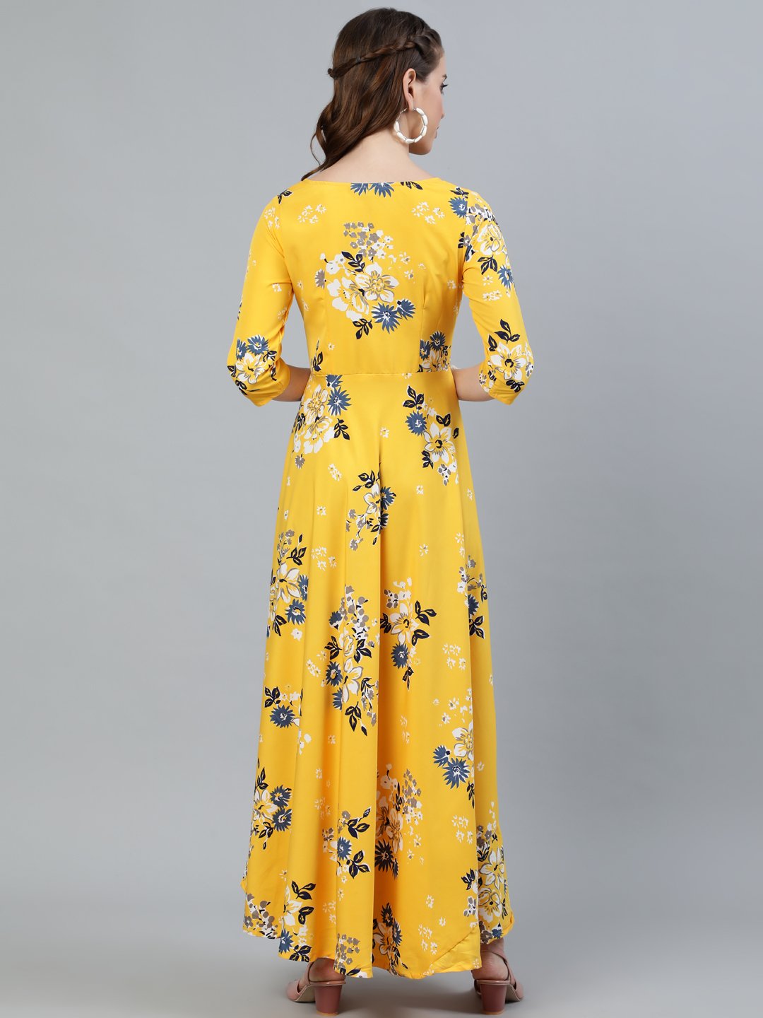 Women's Yellow Printed Maxi Dress With Three Quarter Sleeves