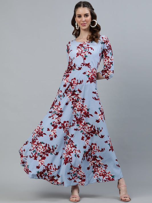 Women's Blue Floral Printed Maxi Dress With Three Quarter Sleeves