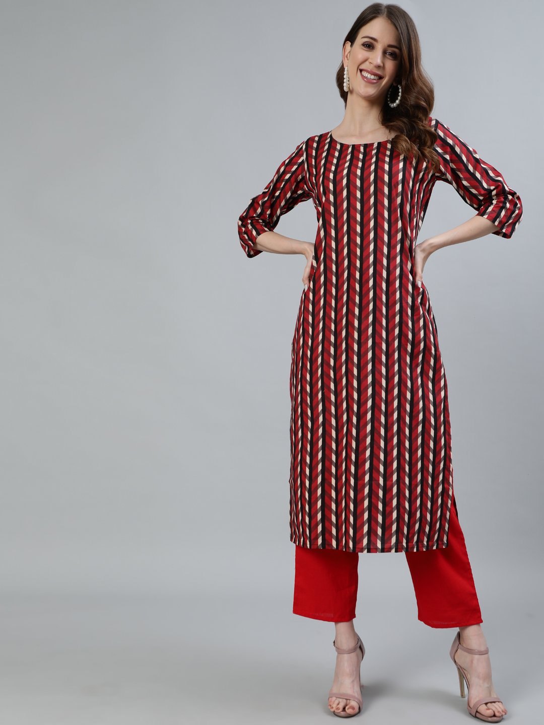 Women's Maroon Printed Straight Kurta With Three Quarter Sleeves