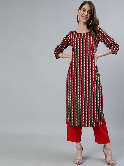 Women's Maroon Printed Straight Kurta With Three Quarter Sleeves