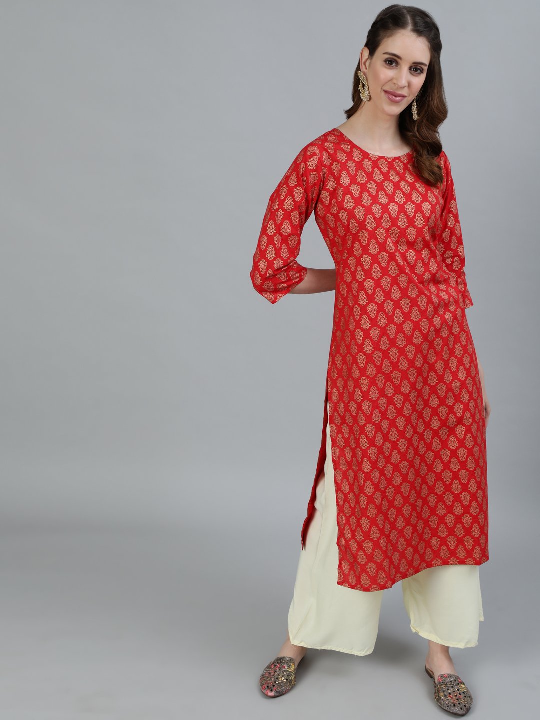 Women's Red Printed Straight Kurta With Three Quarter Sleeves