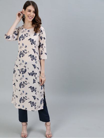 Women's Peach Printed Straight Kurta With Three Quarter Sleeves
