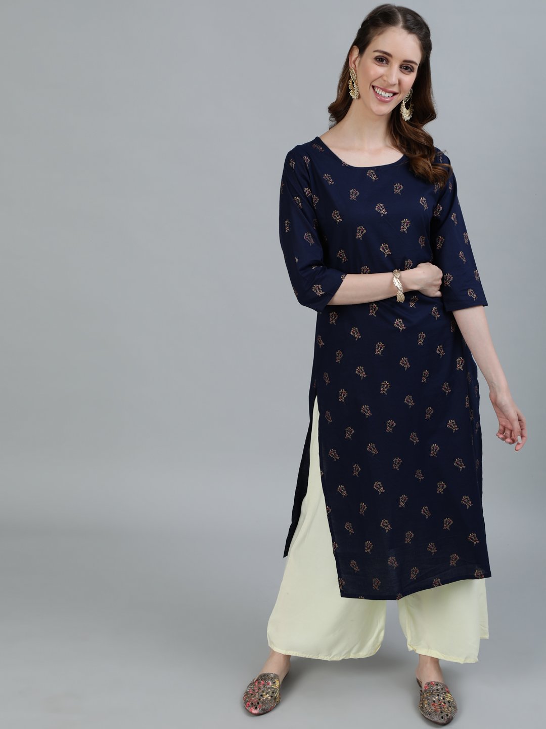 Women's Navy Blue Printed Straight Kurta With Three Quarter Sleeves