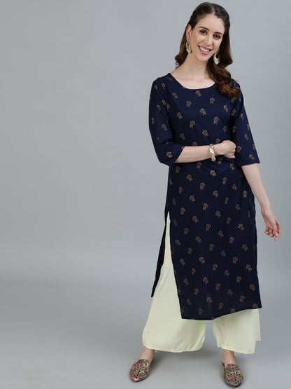 Women's Navy Blue Printed Straight Kurta With Three Quarter Sleeves
