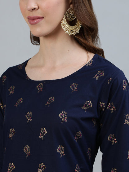 Women's Navy Blue Printed Straight Kurta With Three Quarter Sleeves