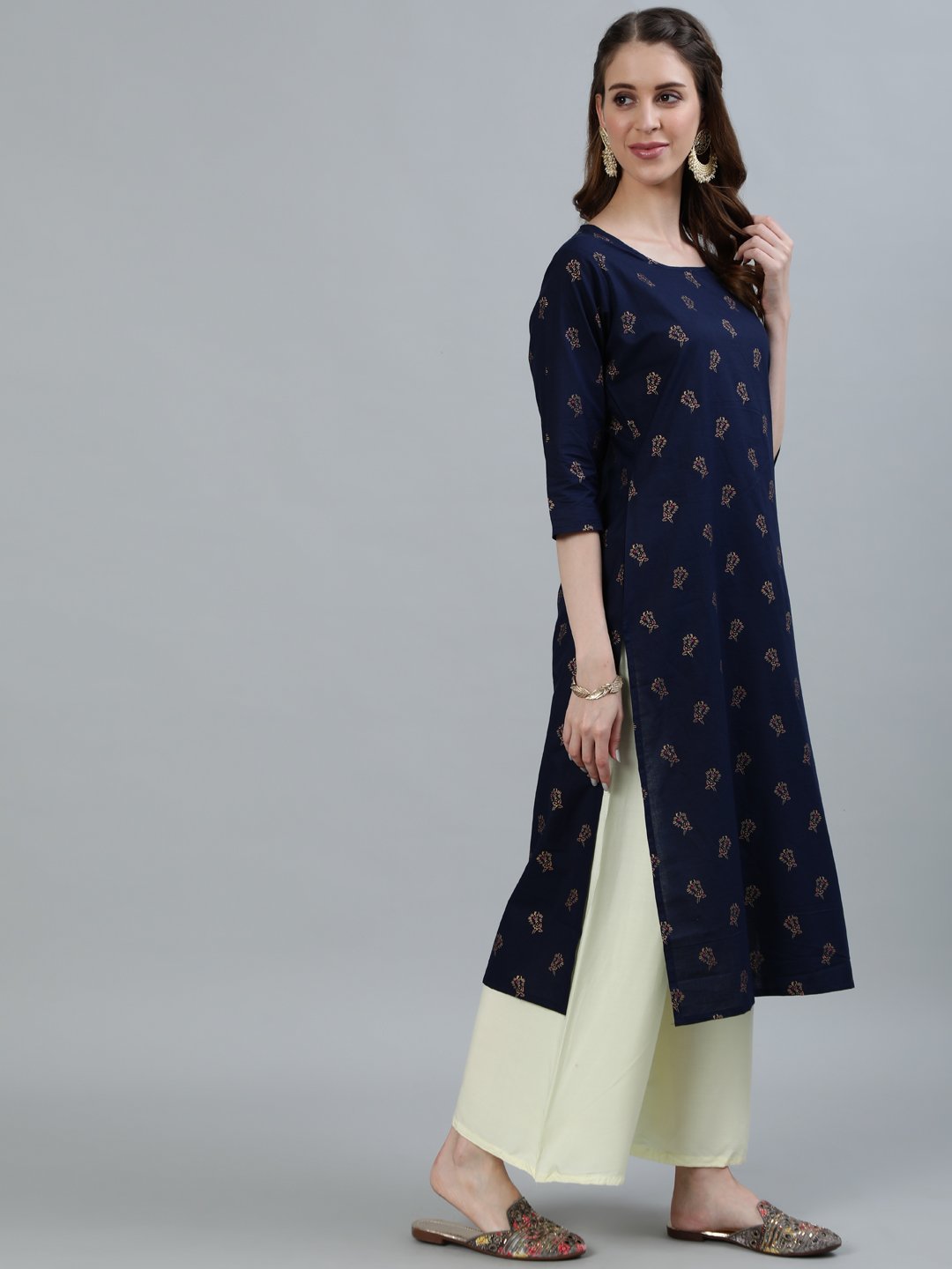 Women's Navy Blue Printed Straight Kurta With Three Quarter Sleeves