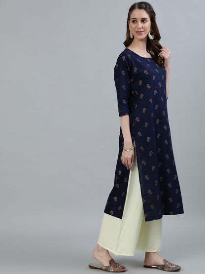 Women's Navy Blue Printed Straight Kurta With Three Quarter Sleeves