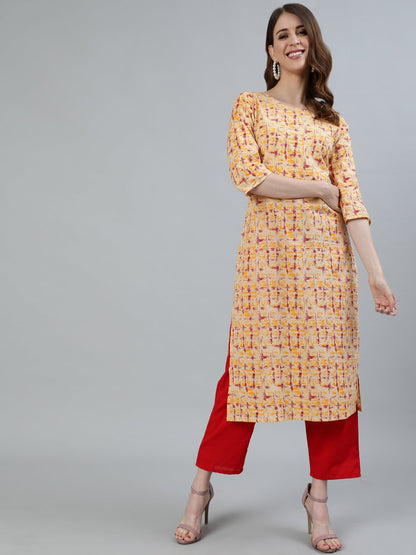 Women's Red Printed Straight Kurta With Three Quarter Sleeves