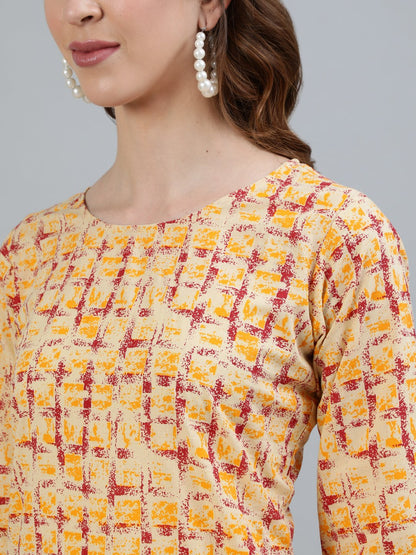 Women's Red Printed Straight Kurta With Three Quarter Sleeves