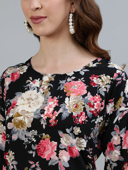 Women's Black Floral Printed Straight Kurta With Three Quarter Sleeves
