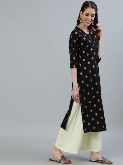 Women's Black Printed Straight Kurta With Three Quarter Sleeves