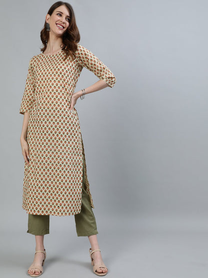 Women's Beige Printed Straight Kurta With Three Quarter Sleeves