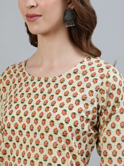 Women's Beige Printed Straight Kurta With Three Quarter Sleeves