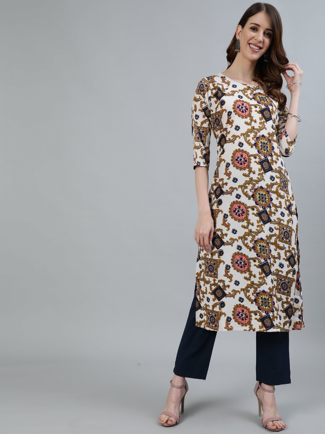Women's Off - White Printed Straight Kurta With Three Quarter Sleeves